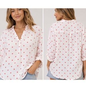 By Coco Italy Crinkle Cotton Gauze Heart Print Blouse Top Oversized White Red